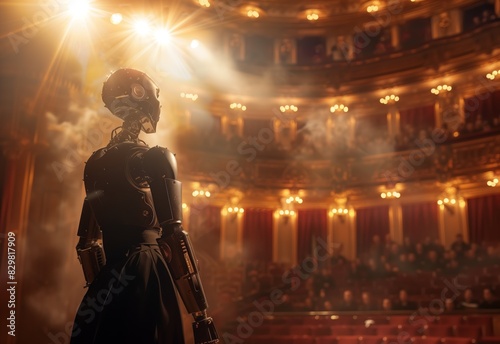 A robot opera singer takes the stage in an elegant theater, highlighted by dramatic stage lighting. 3D rendering of a cybernetic performer.