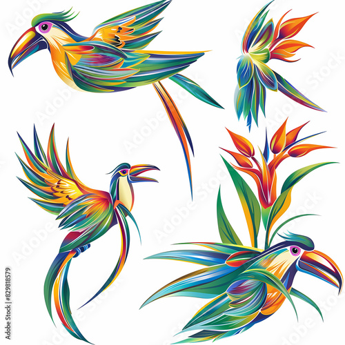 a Set Cute Superb Bird of Paradise on a White Canvas Sticker,vector image