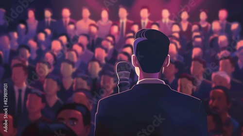 Illustration of a speaker on stage addressing a large, attentive audience under colorful lights, focusing on public speaking and engagement.