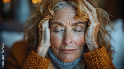 A woman in her golden years expressing discomfort by closing her eyes and touching her temples with her hands