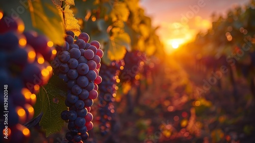 A sunset casts a golden hue over a vineyard, highlighting the ripe grapes on the vine and the serene landscape