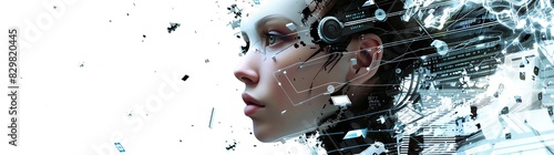 A digital art piece featuring an AI female figure with futuristic headsets, set against the backdrop of advanced technology and data visualization elements on a white background. The composition is hi