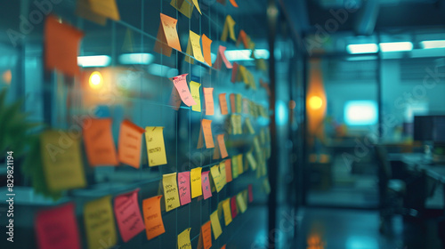 Group brainstorming session with sticky notes on a glass wall. 
