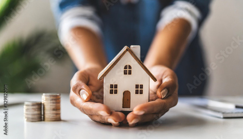 Hands clutching piggy bank and wooden house model symbolize financial security and homeownership aspirations