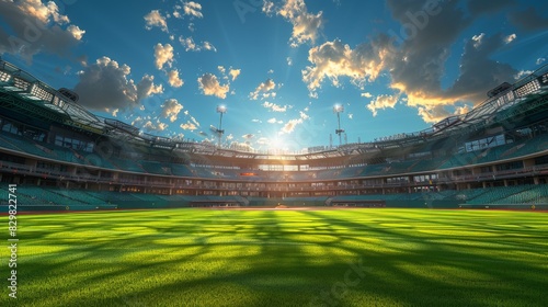Serene sunset over an empty baseball stadium, showcasing the calm before the sporting event
