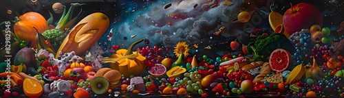 Cosmic Clash of Fruits and Junk Food A Surreal Painting Exploring the Eternal Struggle Between Health and Indulgence