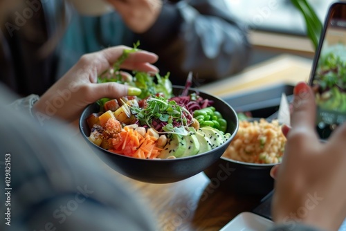 A dynamic shot of a food blogger capturing the perfect Instagram-worthy photo of a colorful poke bowl generated by AI