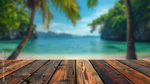 Blurred background of a tropical sand beach with palm trees in summer, providing a perfect setting for a wooden table used for summer product displays.