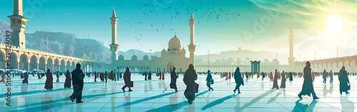 Masjid in makkah saudi arabia and people in a Masjid Spiritual Belief Devotion sun on abstract background 