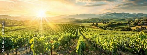 A panoramic view of a sun-drenched vineyard with rows of grapevines stretching generated by AI