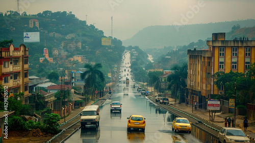 A city street in Cameroon with vehicles and buildings during a rainy day