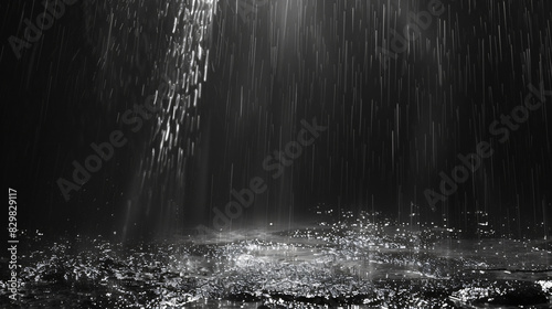 Heavy rain falling down on ground against dark background