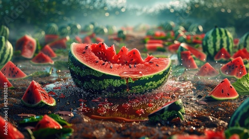 Freshly cut watermelon pieces on the ground with water droplets in a lush garden setting, close-up, showcasing juicy summer fruit.