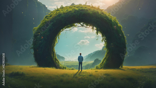 a person standing in the center of a large circular overgrown archway. 
