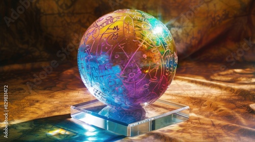 Fortune Teller's Stone, Ancient mystical sphere, rainbow color, with enigmatic symbols and magic symbols and zodiac symbol,