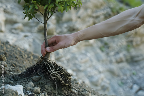 hand holding a tree with deep roots. concept strong environmental foundations. generative ai