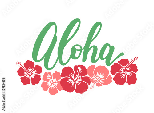 Hawaiian print with hibiscus and aloha lettering. Tropical flowers bloom hibiscus t-shirt design. Summer blossom retro textile print vector illustration.