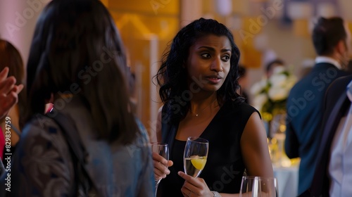 Elegantly dressed woman holding a glass of champagne and engaging in a conversation at a lively social event.
