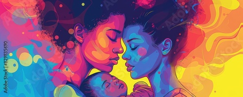 LGBTQ couple holding a newborn, in a colorful pop art style with bold outlines and bright hues, pop art, high contrast, digital illustration