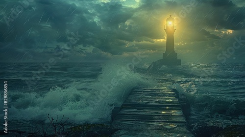 A mysterious lighthouse shines through a stormy night, guiding ships safely as waves crash against the shore and dark clouds loom overhead.