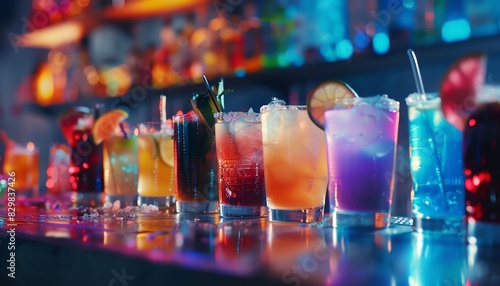 Create an image of a bar with a variety of cocktails on the bar counter. The bar is dimly lit with a blue light.