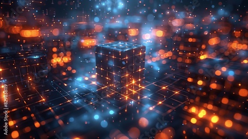 This image showcases a 3D rendering of a cubic structure illuminated and surrounded by a neon digital landscape