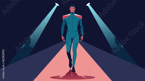 A guy confidently walking down the runway in a bodyhugging jumpsuit proudly flaunting his curves.. Vector illustration
