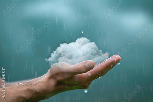 hand holding a cloud with raindrops. concept natural water cycles. generative ai