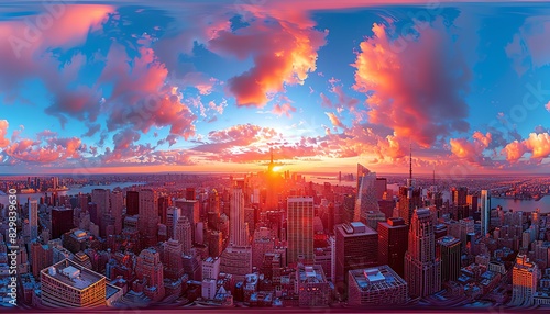 Aerial view of New York City skyline at sunset with colorful clouds.