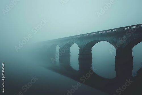 A single-color depiction of a bridge in fog
