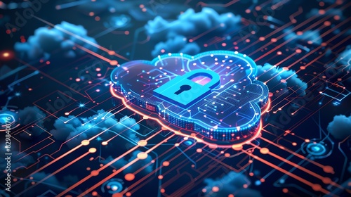 Cinematic illustration of a digital shield and padlock over a cloud icon