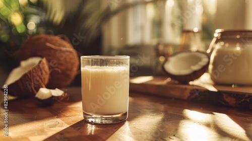 Sunlit Coconut Milk A Serene Moment of Tropical Delight in a Modern Kitchen