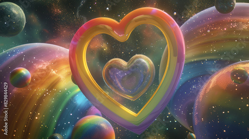 Surreal planets in a galaxy of Pride colors, with a central planet shaped like a rainbow heart, imaginative and otherworldly.