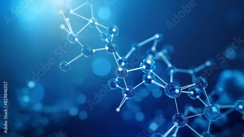 A low poly wireframe abstract model of a molecule set against a blue backdrop. Concept with connected dots in science and medicine