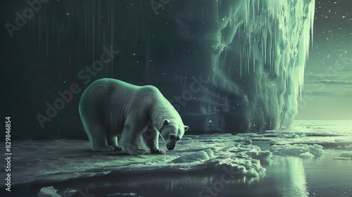 A majestic polar bear walks along an icy shoreline under a glowing aurora, creating a surreal, dreamy arctic landscape.
