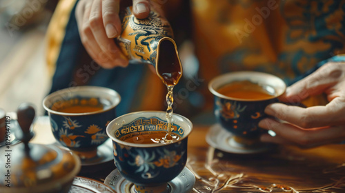 Master pouring freshly brewed tea into guests cup 