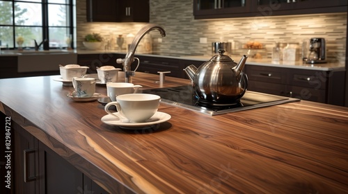 Kitchen island countertop with coffee set, modern kitchen background 