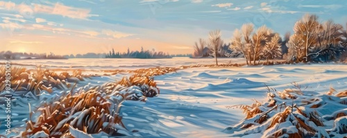 Snow-covered landscape with trees and grasses under a colorful sky, capturing the serenity of winter's natural beauty.