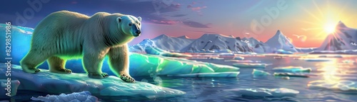 Stunning polar bear walking on icy terrain at sunset with majestic mountains in the background, showcasing the beauty of the Arctic wilderness.
