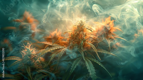 Vibrant cannabis buds immersed in warm, smoky light giving a fiery backdrop to the plants