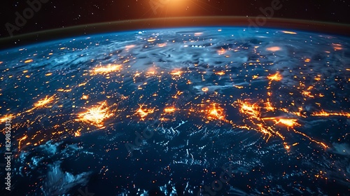 The night side of Earth with sparkling city lights, as seen from space, highlights the magnitude of human settlement