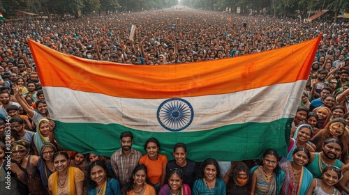 High angle view of a large crowd with Indian flag at a rally or public event