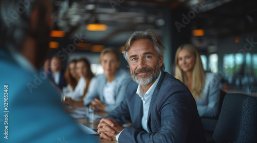 Mature businessman with coworkers in a boardroom meeting in a modern office space