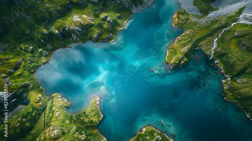 A photo featuring the tranquil lakes of Jotunheimen National Park captured from above. Highlighting the crystal-clear waters and surrounding alpine scenery, while surrounded by hiking trails and lush