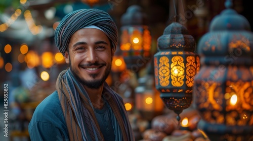 A man wearing a traditional turban smiles in an Eastern market with illuminated lanterns