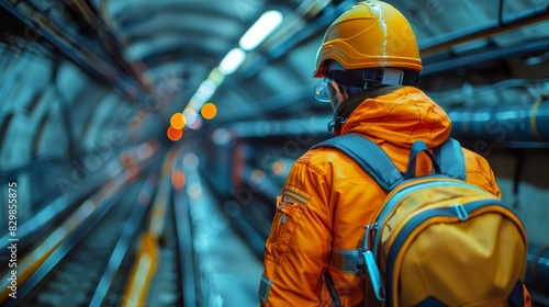 A worker wearing an orange safety uniform with a helmet and backpack inside a lit tunnel