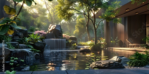 Courtyard with a Waterfall and Koi Pond