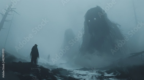 Illustrate nightmare visions with a minimalist aesthetic. Depict a dark, twisted landscape with distorted, shadowy figures and eerie fog. Use clean lines and muted tones to create a surreal, haunting