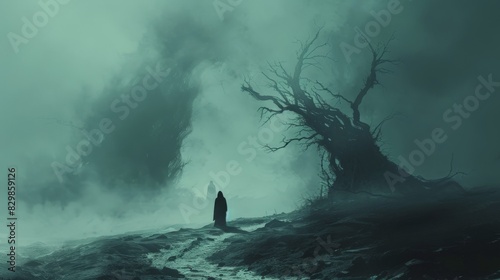 Illustrate nightmare visions with a minimalist aesthetic. Depict a dark, twisted landscape with distorted, shadowy figures and eerie fog. Use clean lines and muted tones to create a surreal, haunting