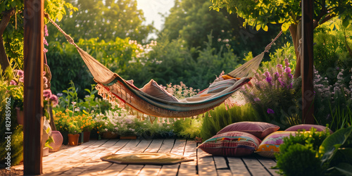 Cozy wooden terrace with woven hammock, soft colorful pillows and blankets, decorations and flower bushes. Charming sunny evening in summer garden.